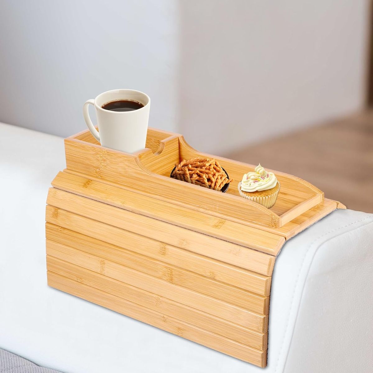 Premium Bamboo Sofa Armrest Tray Table with Cup Holder & Phone Slot | Foldable Couch Arm Tray Organizer