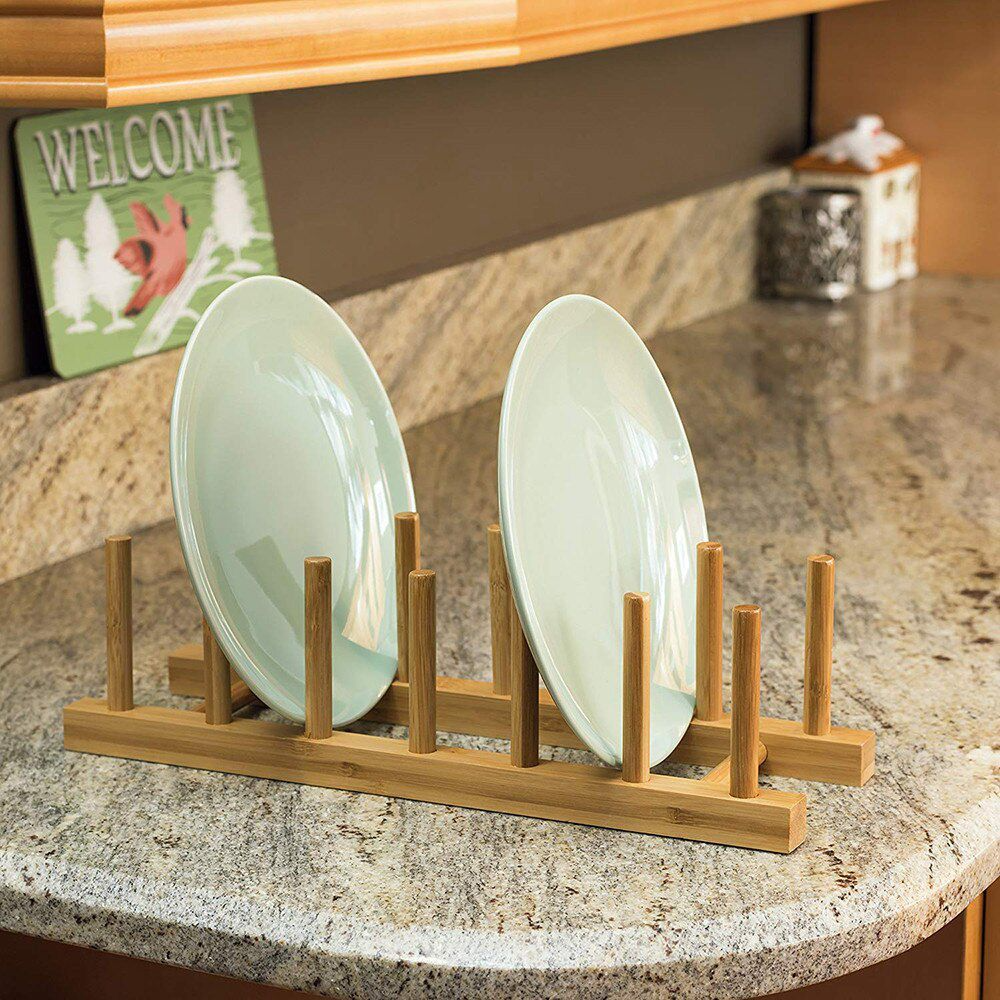 Bamboo Dish Drying Rack & Plate Drainboard Holder – Foldable Kitchen Dish Drainer and Pot Lid Organizer by Ten-Tech