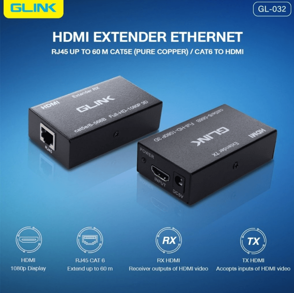 GLINK HDMI Extender Over Cat5e/Cat6 up to 60M | Full HD 1080P HDMI Extender Kit with Transmitter & Receiver | HDMI to RJ45 Signal Extension