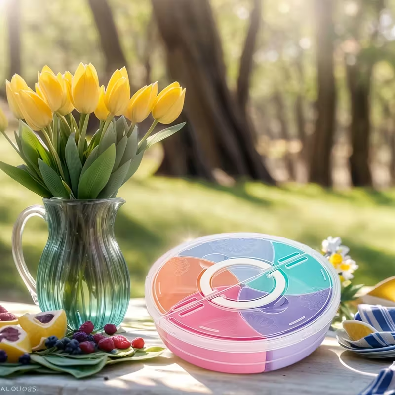 Round 5 Compartment Snack Storage Container with Lid | Multi-Colour Sectional Food Organizer Box