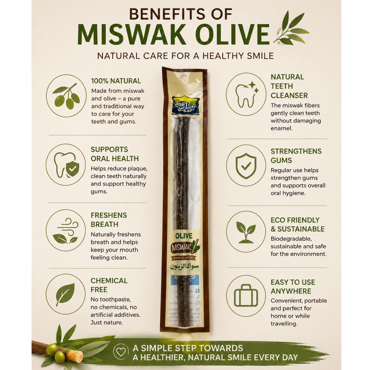 Al Khair Olive Miswak Thick Natural Toothbrush - Pack of 9 | Premium Herbal Olive Wood Teeth Cleaning Sticks