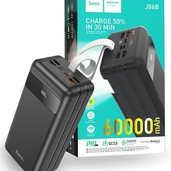 HOCO J86B 60000mAh 22.5W Fast Charging Power Bank with LED Display | 4 USB, USB-C & Lightning Input Portable Charger