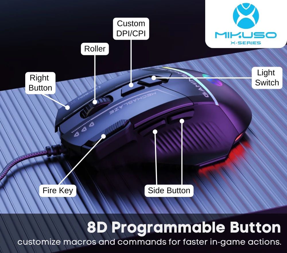 Mikuso XM-604 RGB Gaming Mouse – 7200 DPI Wired USB Optical Mouse with 8 Buttons for PC & Laptop
