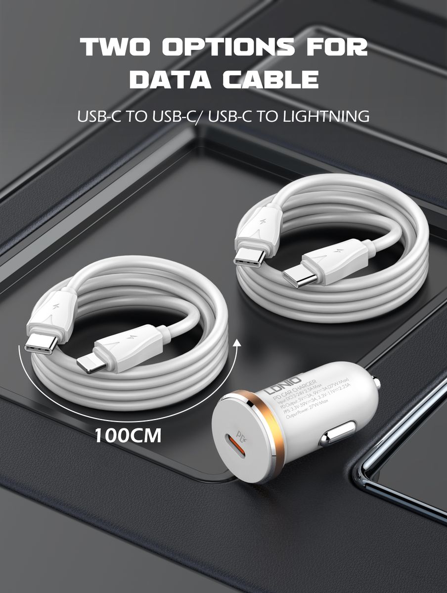 LDNIO C22Q 27W PD Fast Car Charger with USB-C to Lightning Cable (1M) | USB-C Power Delivery Car Adapter