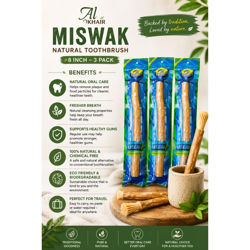 Al Khair Miswak Natural Toothbrush 8 Inch | Premium Arak Miswak Stick | Herbal Dental Care Stick