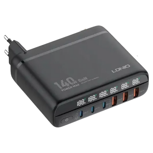 LDNIO A6140C 140W GaN Desktop Charger Station | 6-Port Fast Charger (3 USB-C + 3 USB-A) with LED Display