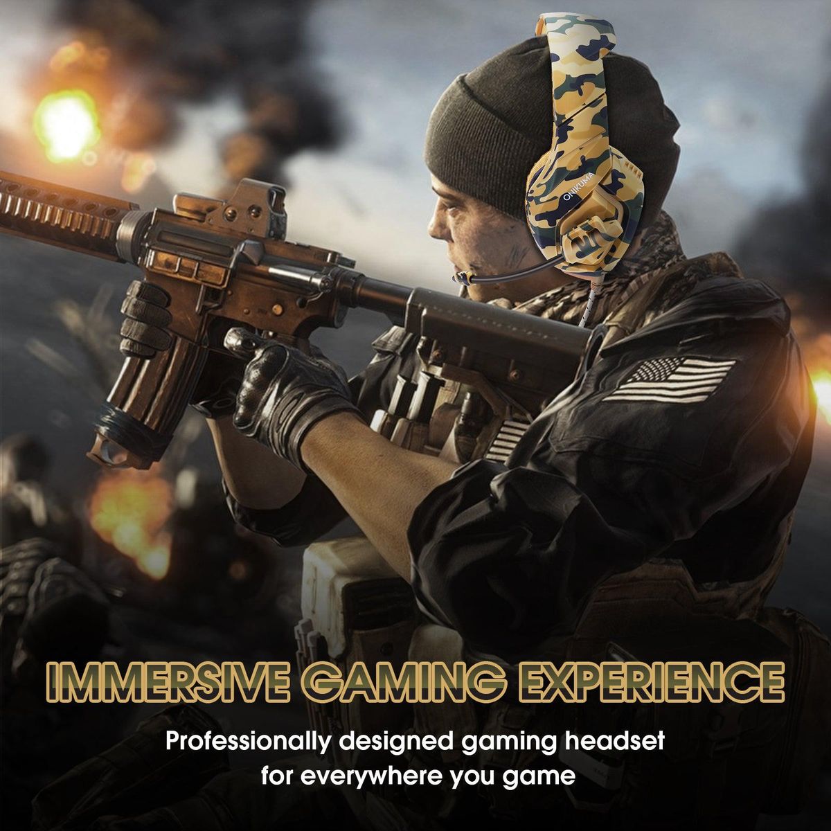 ONIKUMA K1B Gaming Headset with Microphone, 50mm Stereo Sound, 3.5mm Jack, Camo Yellow