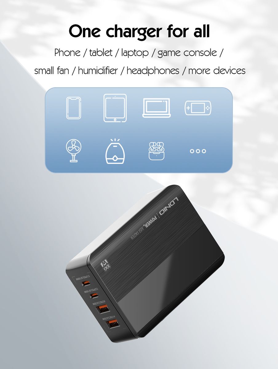 LDNIO A4808Q 100W Desktop GaN Fast Charger | 2 USB-C PD + 2 USB-A QC 3.0 Multi-Port Charging Station with LCD Display & 1.5M Power Cable
