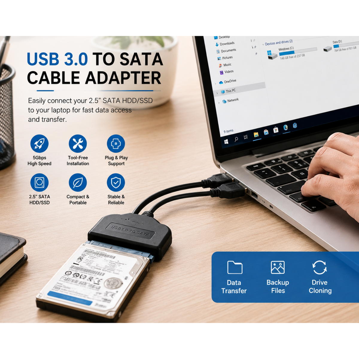 USB 3.0 to SATA III Adapter Cable | 2.5 Inch SSD & HDD Converter | 5Gbps SuperSpeed SATA to USB Adapter for Windows, Mac & Linux