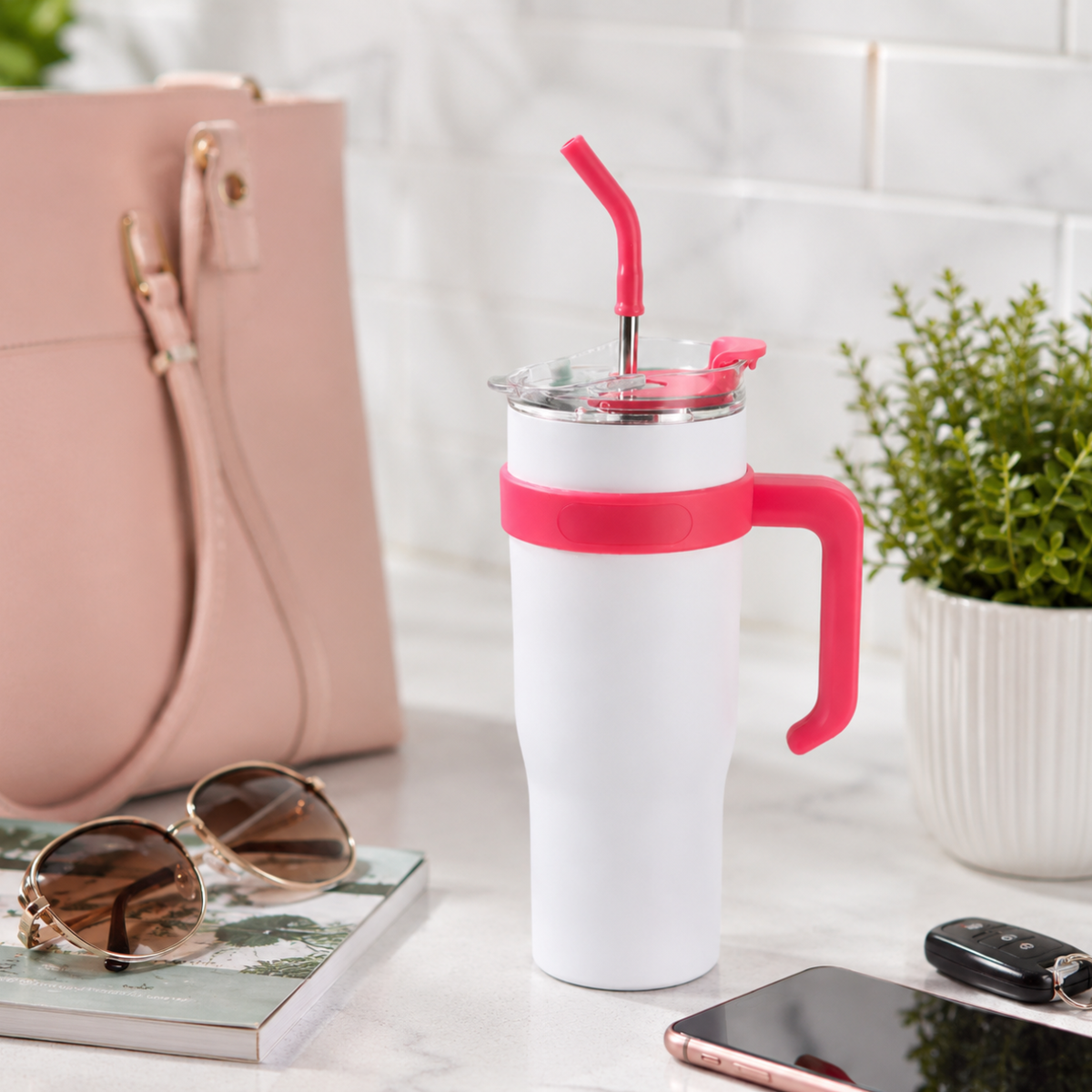 1L Vacuum Insulated Stainless Steel Travel Mug with Handle & Straw | Double Wall Tumbler - White