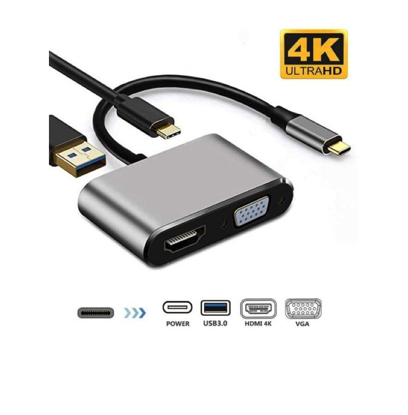4-in-1 USB-C Hub Adapter | 4K HDMI, VGA, USB 3.0 & USB-C PD Fast Charging Multiport Adapter for MacBook, Laptop & Tablets