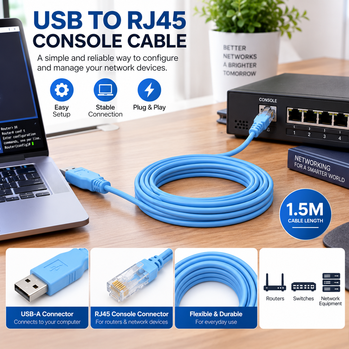 USB to RJ45 Serial Console Cable for Router Switch Configuration 1.5m