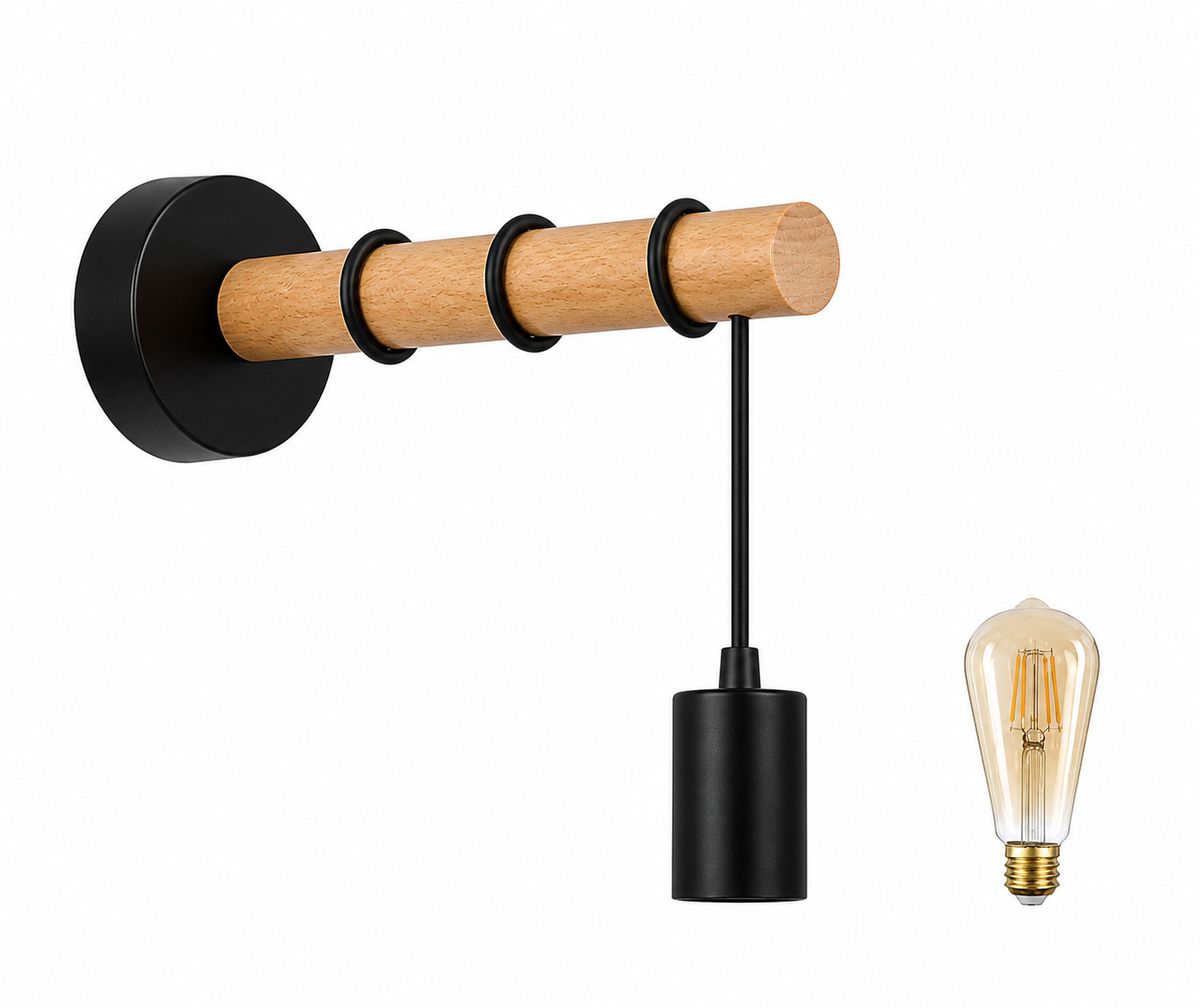 Modern Wooden Wall Light with E27 Lamp Holder | Nordic Black Metal Wall Sconce for Bedroom, Living Room & Hallway