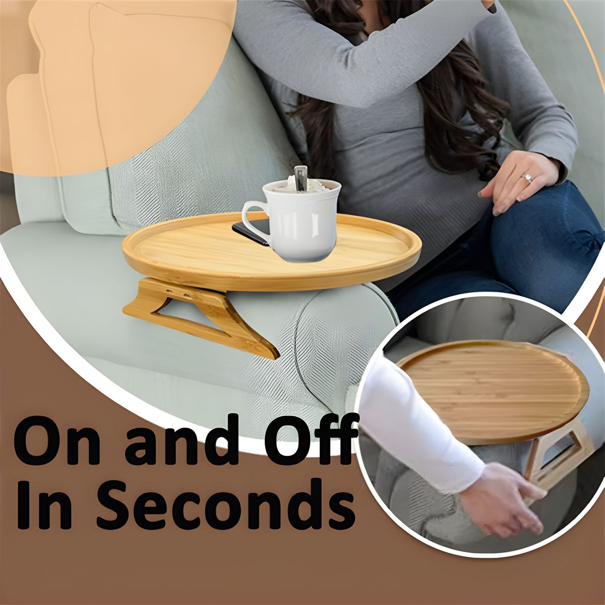 Foldable Bamboo Sofa Arm Tray Table | Clip-On Couch Armrest Table for Drinks, Snacks & Remote