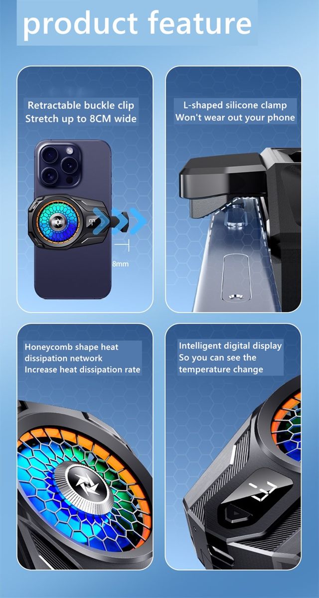 XO SL08 Mobile Phone Cooler – RGB Gaming Cooling Fan with Temperature Display, 2-Speed Semiconductor Radiator for iPhone & Android
