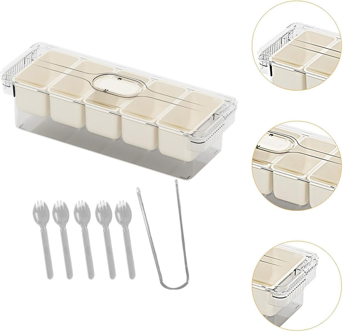 5 Grid Food Storage Container with Lid & Serving Tongs | Multi-Section Fruit, Snack & Dry Food Organizer Box