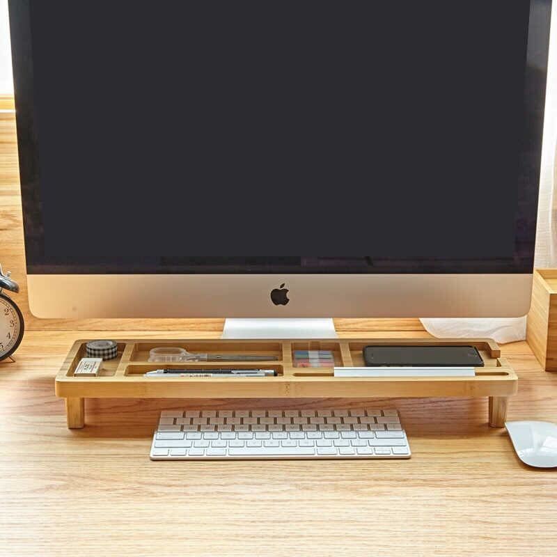 Bamboo Desk Organizer & Monitor Stand Riser with Keyboard Storage | Wooden Desktop Organizer