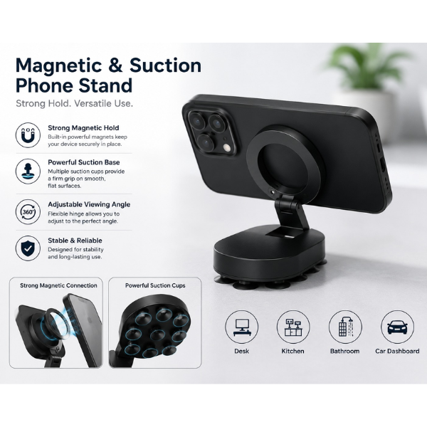 QY76 Magnetic Suction Cup Phone Mount with 360° Magnetic Ring | Desktop Stand & Wall Mount Holder