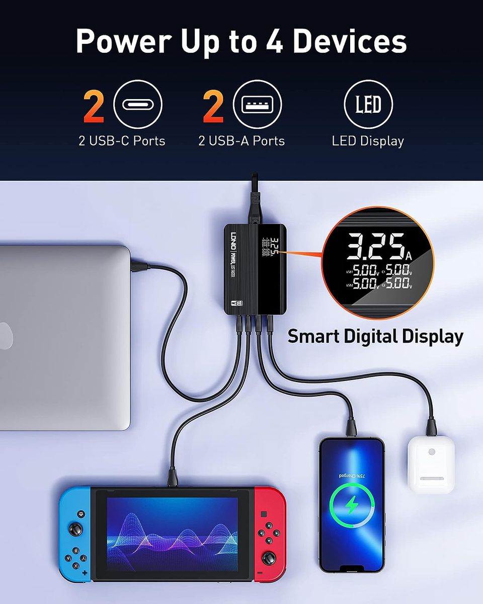 LDNIO A4809C 100W GaN Fast Charger | 4-Port USB-C & USB-A PD QC Desktop Wall Charger with LCD Display