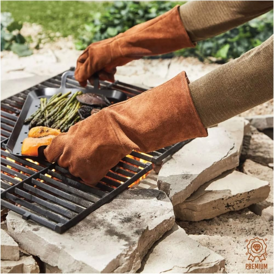 Genuine Leather BBQ & Oven Gloves Heat Resistant | Braai, Grill, Fireplace & Baking Mitts - 1 Pair