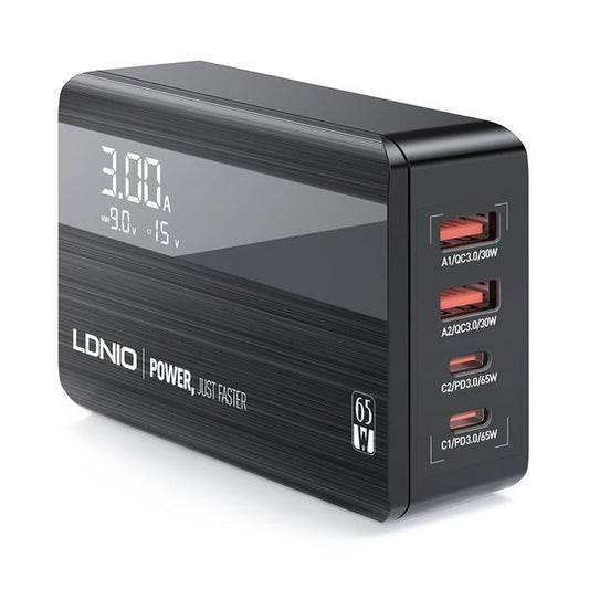 LDNIO 65W PD Desktop Fast Charger with LED Display – 2 USB-C PD + 2 USB-A QC 3.0 Multi-Port Charging Station