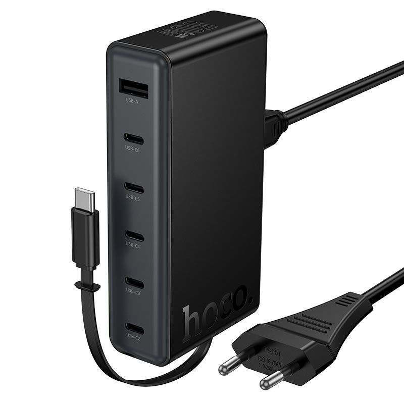 HOCO C151A 50W GaN 7-Port Desktop Fast Charger | Built-in USB-C Cable, 6 USB-C + 1 USB-A Charging Station
