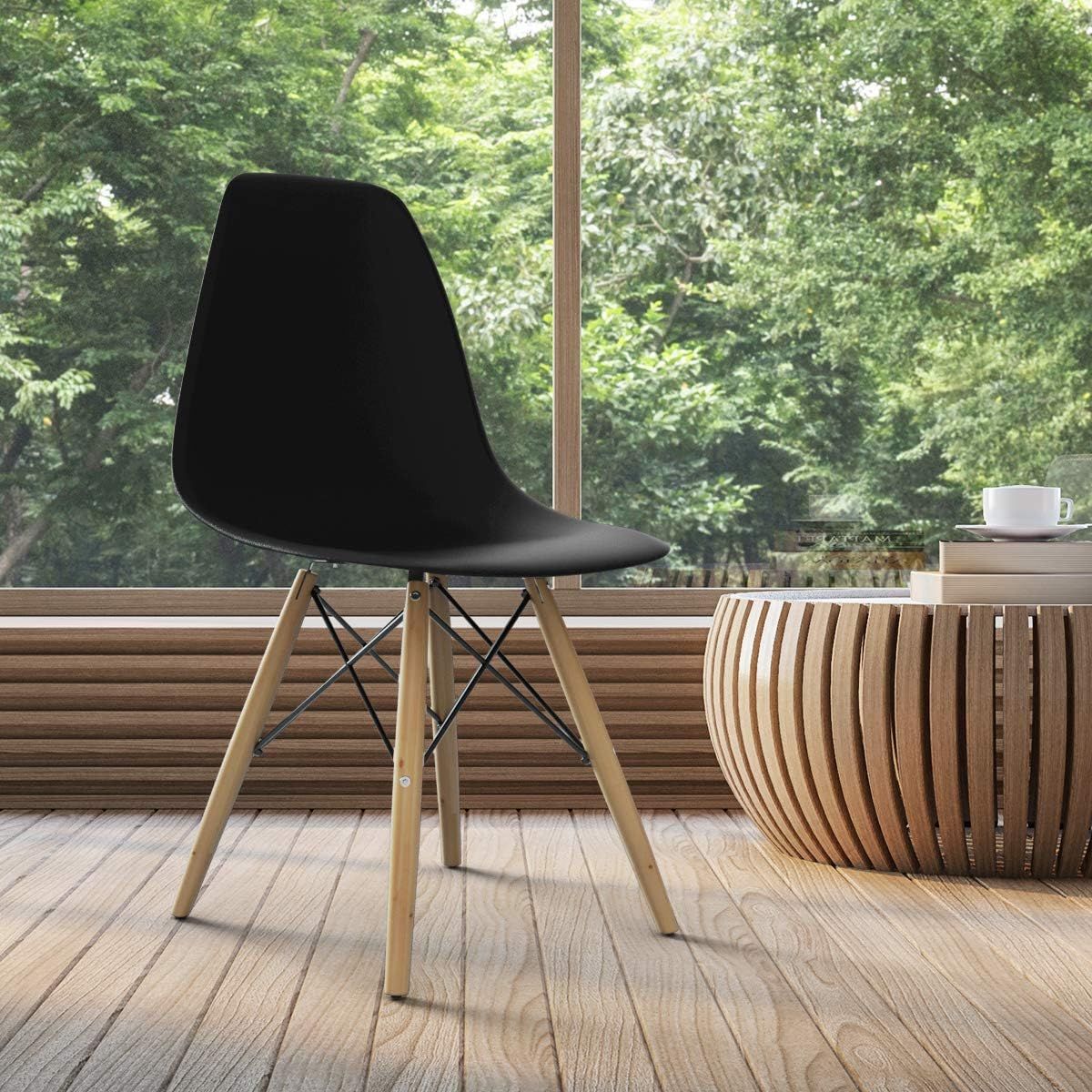 Modern Black Armless Dining Chair with Wooden Legs | Scandinavian Plastic Side Chair for Dining Room, Office & Café