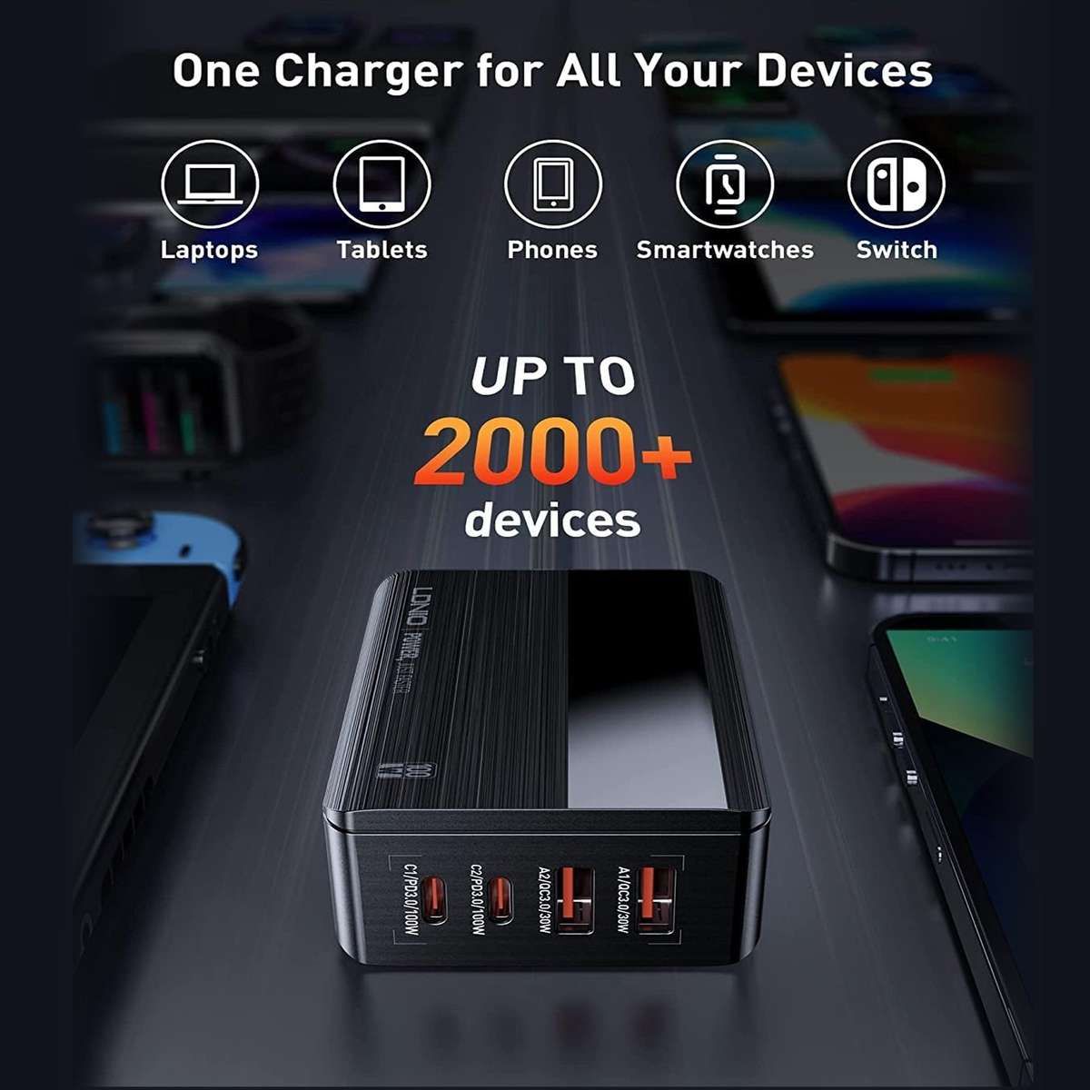 LDNIO A4809C 100W GaN Desktop Charger | 4-Port USB-C & USB-A Fast Charging Station with LED Display for Laptop, MacBook, iPhone & Android