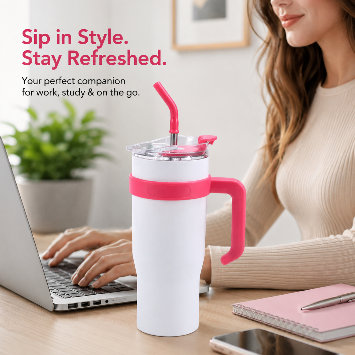 1L Vacuum Insulated Stainless Steel Travel Mug with Handle & Straw | Double Wall Tumbler - White