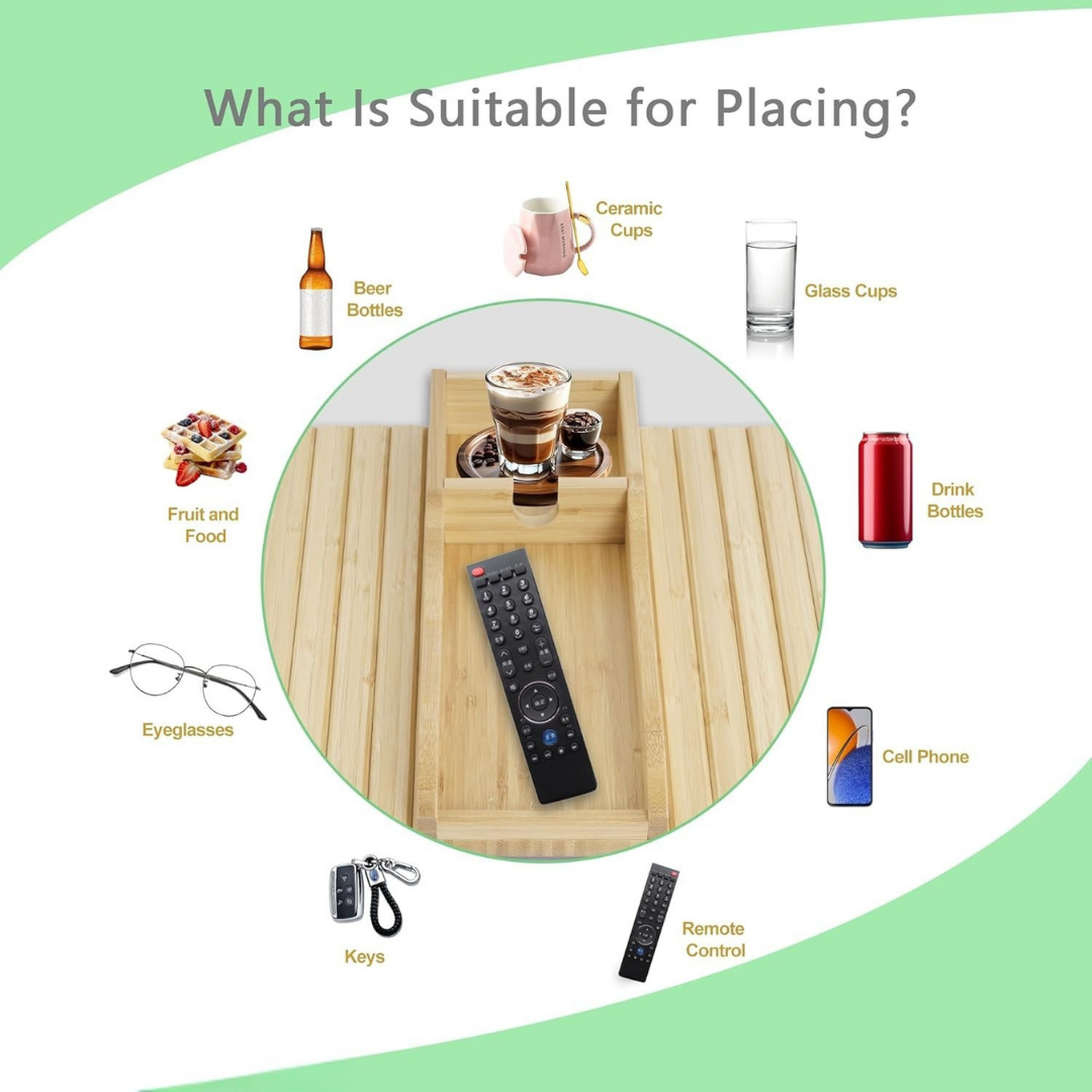 Premium Bamboo Sofa Armrest Tray Table with Cup Holder & Phone Slot | Foldable Couch Arm Tray Organizer