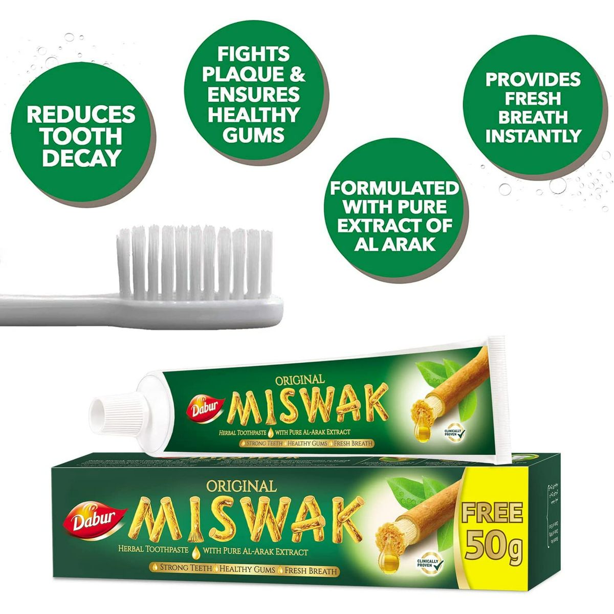 Dabur Original Miswak Herbal Toothpaste 170g x 2 Pack | Natural Al-Arak Extract Toothpaste for Healthy Gums & Fresh Breath