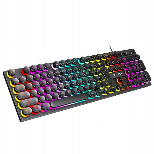 T-WOLF T80 104-Key Retro Punk RGB Gaming Keyboard, USB Wired, Round Keycaps