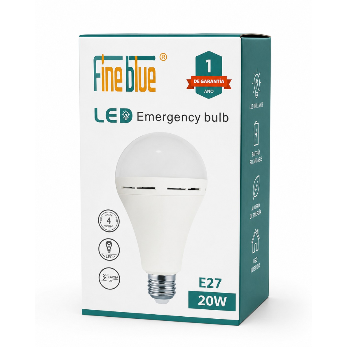 FineBlue 20W Rechargeable LED Emergency Bulb E27 – Battery Backup Load Shedding Light | Cool White | 1 Pack