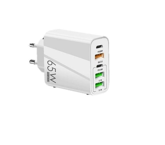 65W Fast Wall Charger with 5 USB Ports | 2 USB-C PD + 3 USB-A QC 3.0 Multi-Port Travel Charger (EU Plug)
