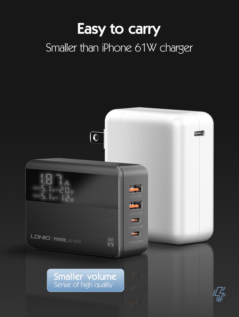 LDNIO A4808Q 100W Desktop GaN Fast Charger | 2 USB-C PD + 2 USB-A QC 3.0 Multi-Port Charging Station with LCD Display & 1.5M Power Cable