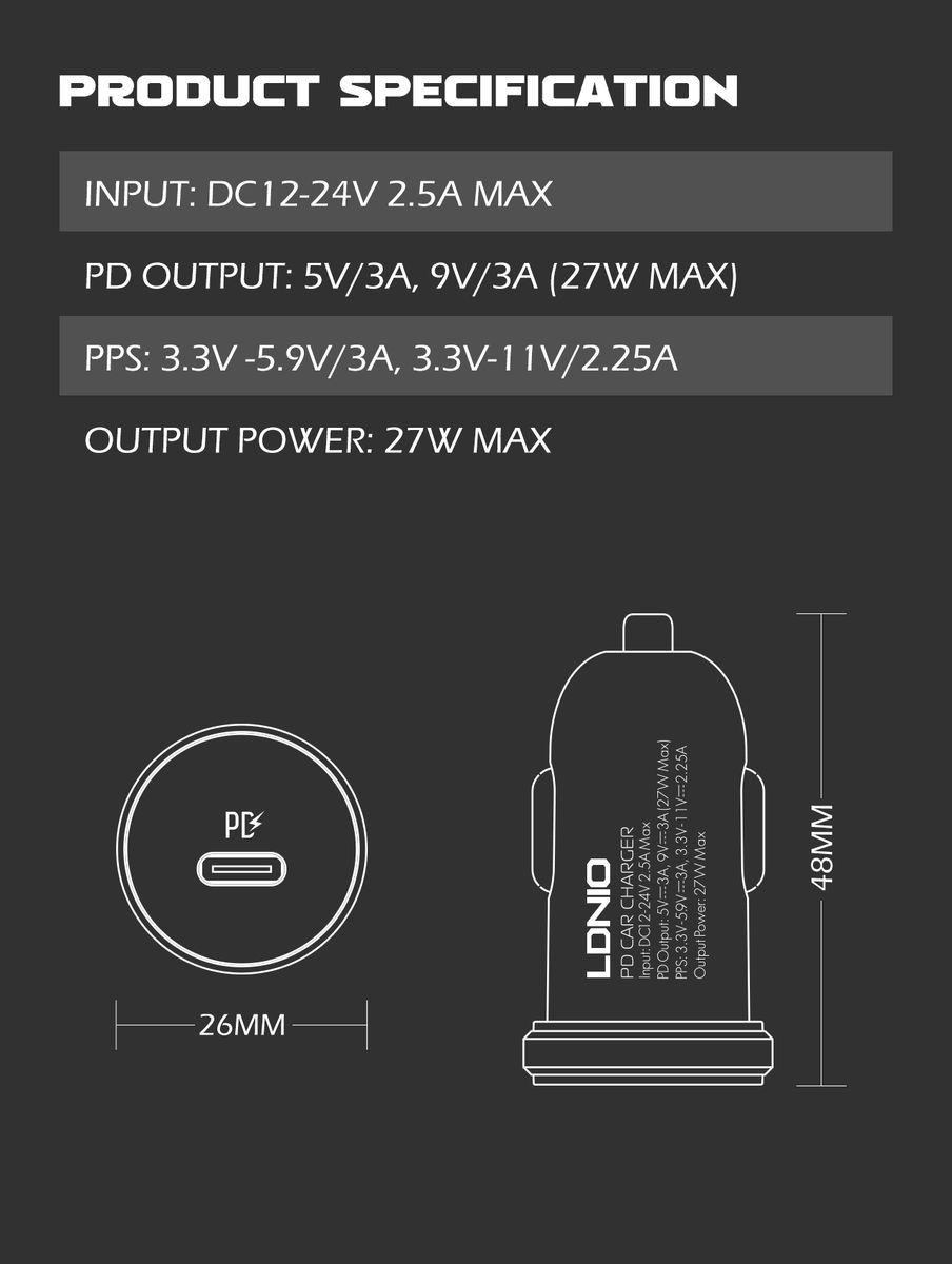 LDNIO C22Q 27W PD Fast Car Charger with USB-C to Lightning Cable (1M) | USB-C Power Delivery Car Adapter