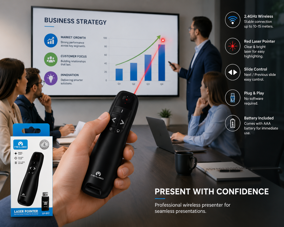 Mikuso LP-017 Wireless Presenter Remote with Red Laser Pointer | USB & USB-C Presentation Clicker for PowerPoint, Windows, Mac & Android