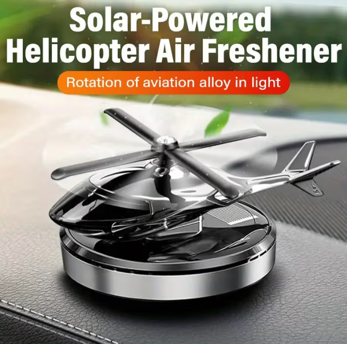 Solar Powered Helicopter Car Air Freshener – Rotating Aromatherapy Ornament, Silver