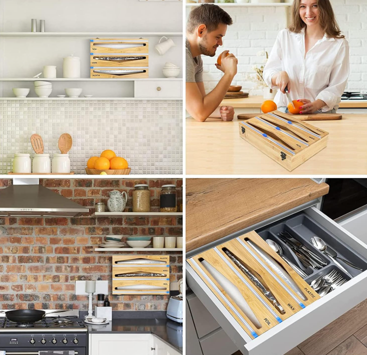 SamMag Biz 2-in-1 Bamboo Food Wrap Dispenser with Built-in Cutters | Plastic Wrap & Aluminum Foil Organizer