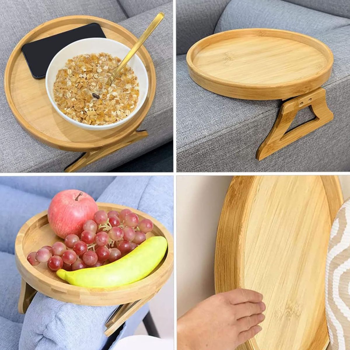 Foldable Bamboo Sofa Arm Tray Table | Clip-On Couch Armrest Table for Drinks, Snacks & Remote