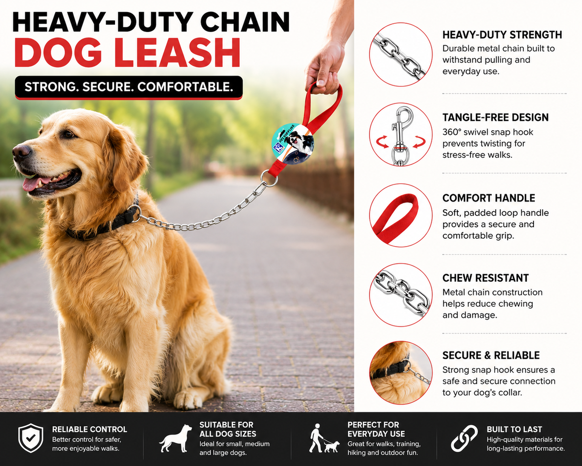 Heavy-Duty Chain Dog Leash with Comfort Handle – Metal Chain Lead with Snap Hook for Dogs