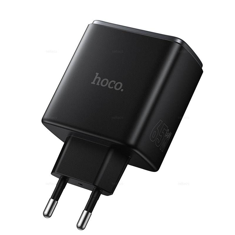 HOCO C160A 65W GaN Fast Charger | Dual USB-C PD + USB-A QC 3.0 Wall Charger (EU Plug, Black)
