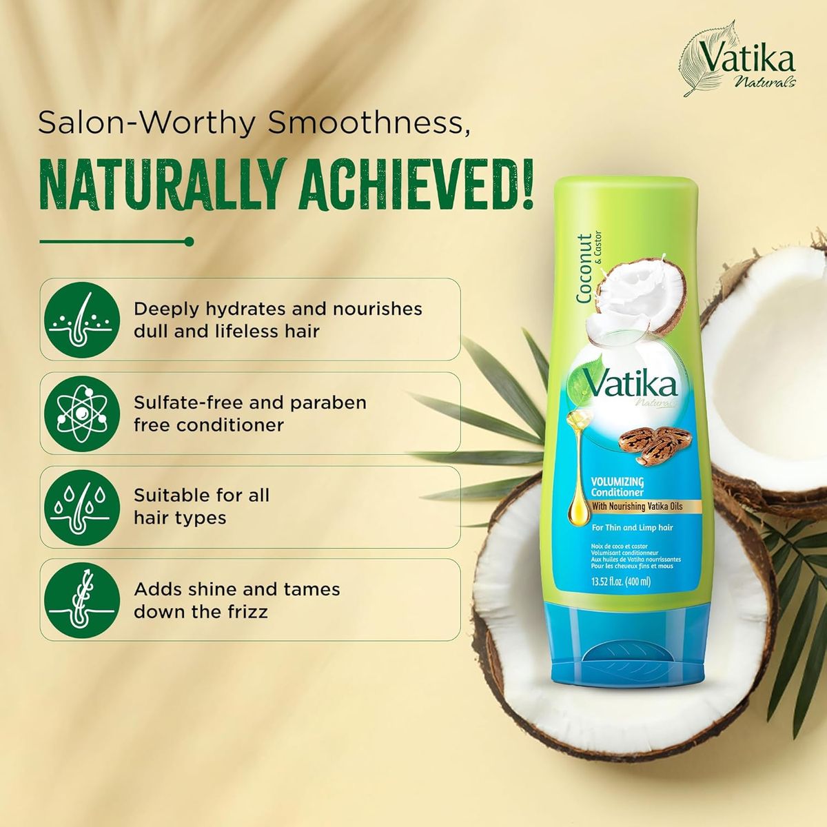 Vatika Naturals Coconut & Castor Volume & Thickness Shampoo & Conditioner Set 400ml | Hair Care Duo for Fine, Thin & Limp Hair