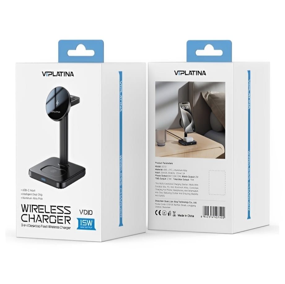 VIPLATINA VD10 3-in-1 15W Fast Wireless Charging Station | Qi Charger for Phone, Smartwatch & Earbuds