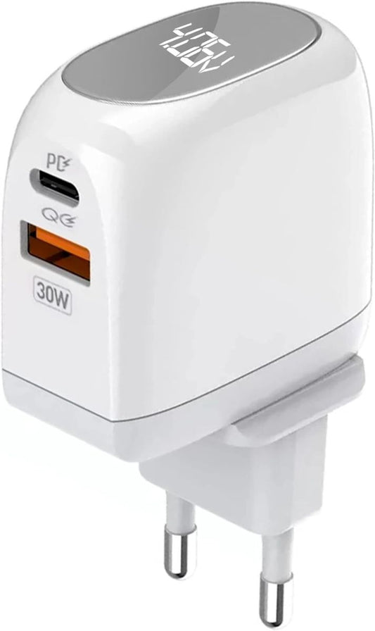 30W Dual Port Fast Wall Charger with USB-C to USB-C Cable | PD & QC 3.0 Fast Charging Adapter (A2522C)