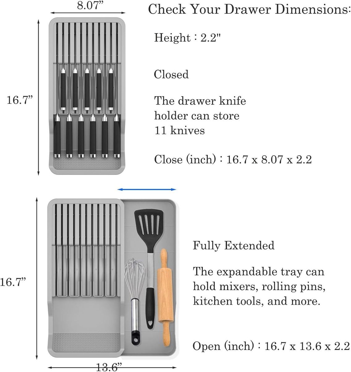 Expandable Kitchen Knife Drawer Organizer Tray | Cutlery & Utensil Storage Holder Insert