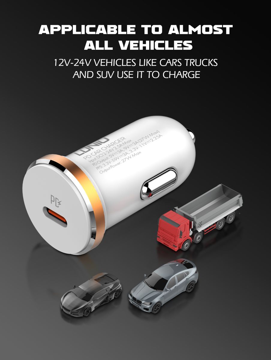 LDNIO C22Q 27W PD Fast Car Charger with USB-C to Lightning Cable (1M) | USB-C Power Delivery Car Adapter