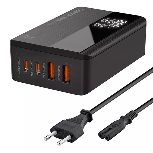 LDNIO A4808Q 100W Desktop GaN Fast Charger | 2 USB-C PD + 2 USB-A QC 3.0 Multi-Port Charging Station with LCD Display & 1.5M Power Cable