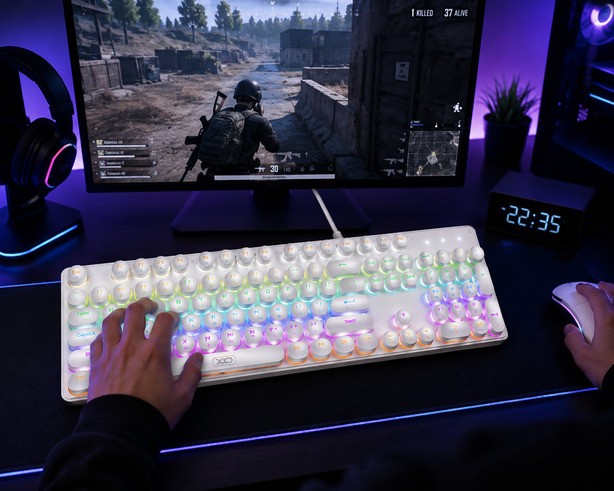 XO KB-07 RGB Mechanical Gaming Keyboard | 104-Key Full Size USB Wired Keyboard | Rainbow Backlit | Black / White