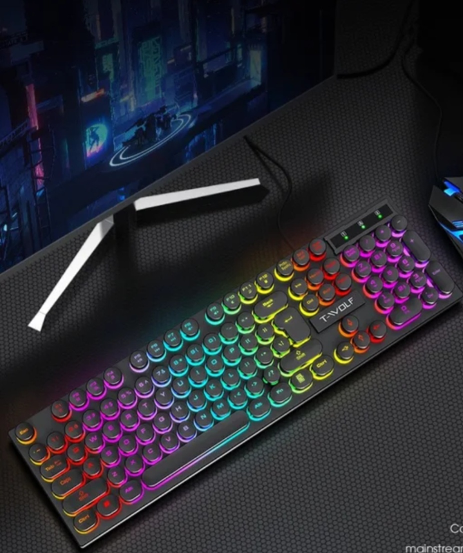 T-WOLF T80 104-Key Retro Punk RGB Gaming Keyboard, USB Wired, Round Keycaps